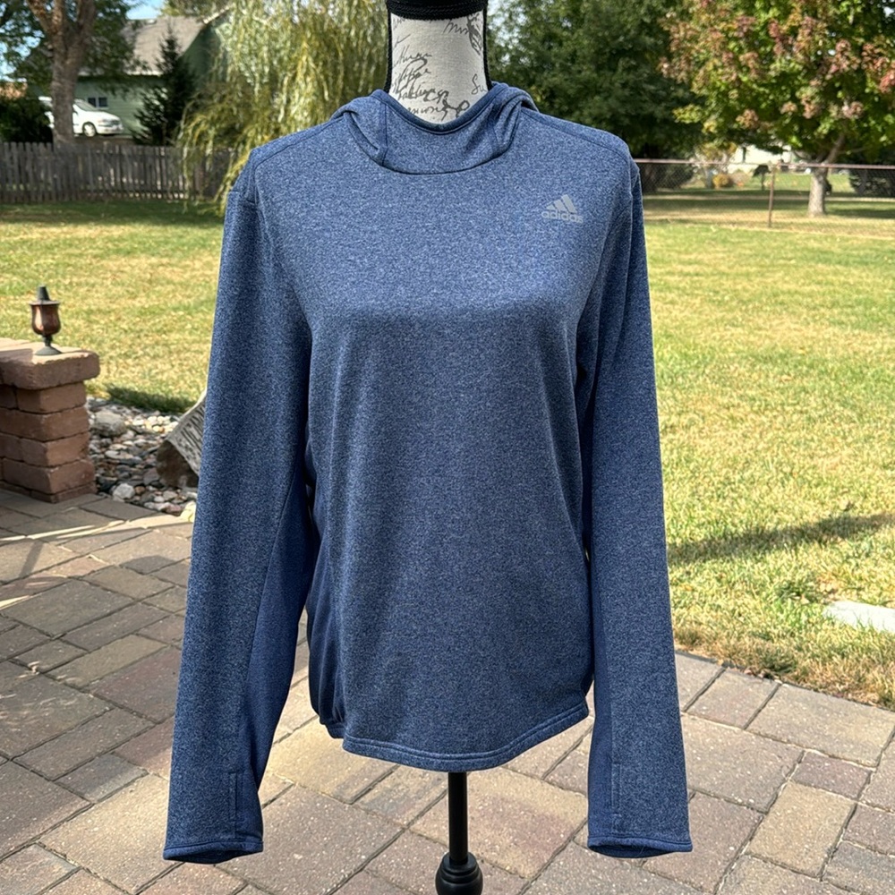 ADIDAS Women’s Lightweight Fleece Hoodie Sweatshirt Blue Tunic Logo Medium 8 10
